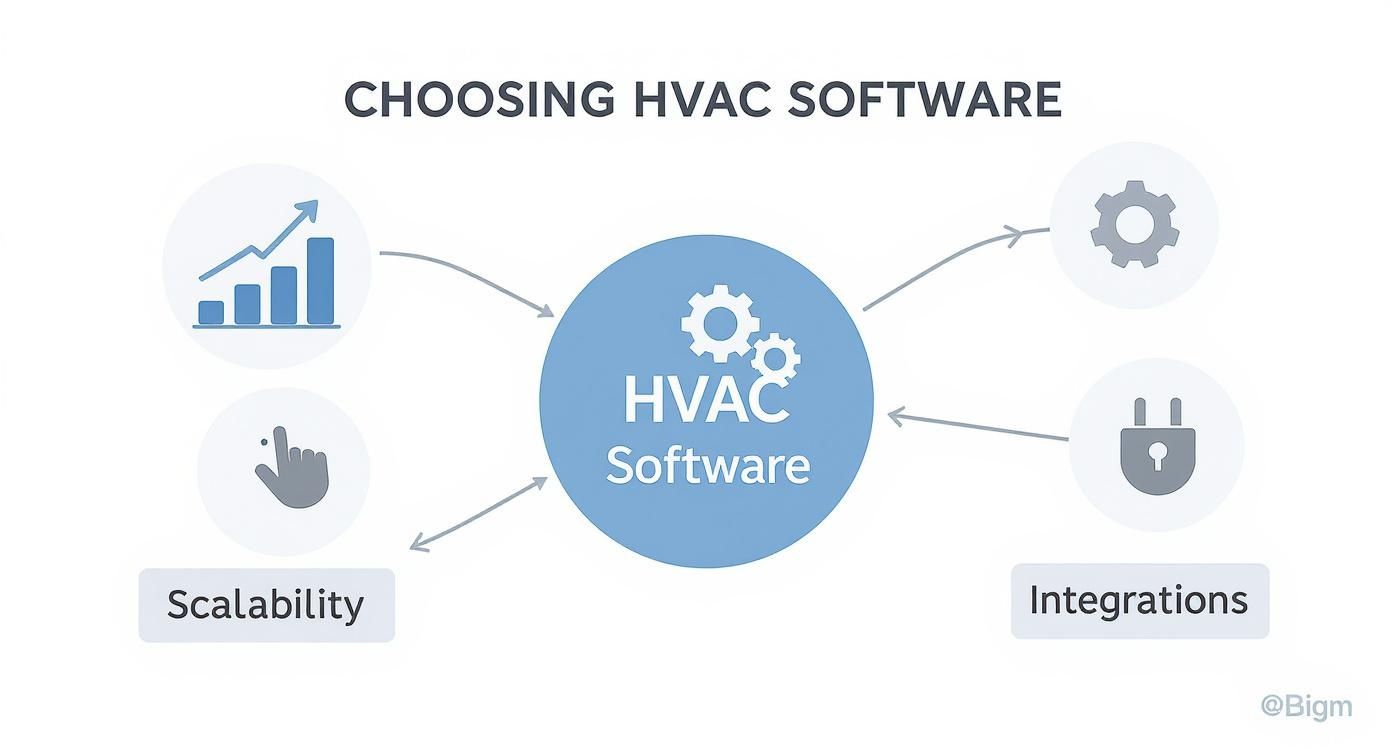 Diagram showing key considerations for choosing HVAC software, including scalability, integrations, and growth.