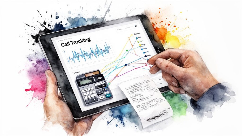 Watercolor illustration of hands holding a tablet showing call tracking data, with a calculator and receipt.