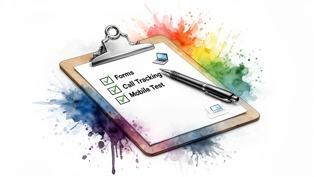 Checklist on clipboard for website forms, call tracking, and mobile testing with a pen and laptop.