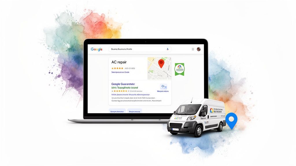 Laptop displaying Google Business Profile for AC repair, alongside a service van and map pin.