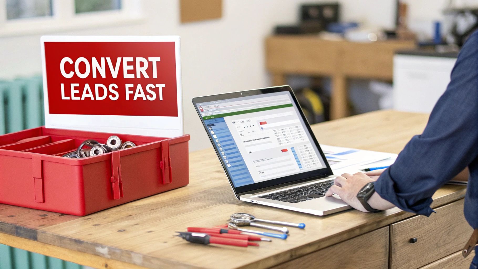 A person works on a laptop next to a red toolbox displaying a 'Convert Leads Fast' sign.