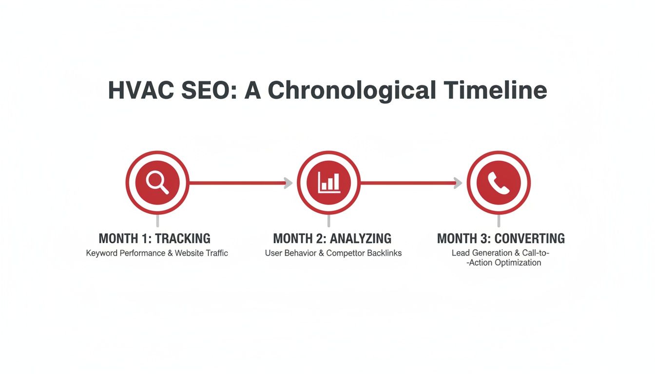 HVAC SEO chronological timeline outlining three stages: tracking, analyzing, and converting for better results.