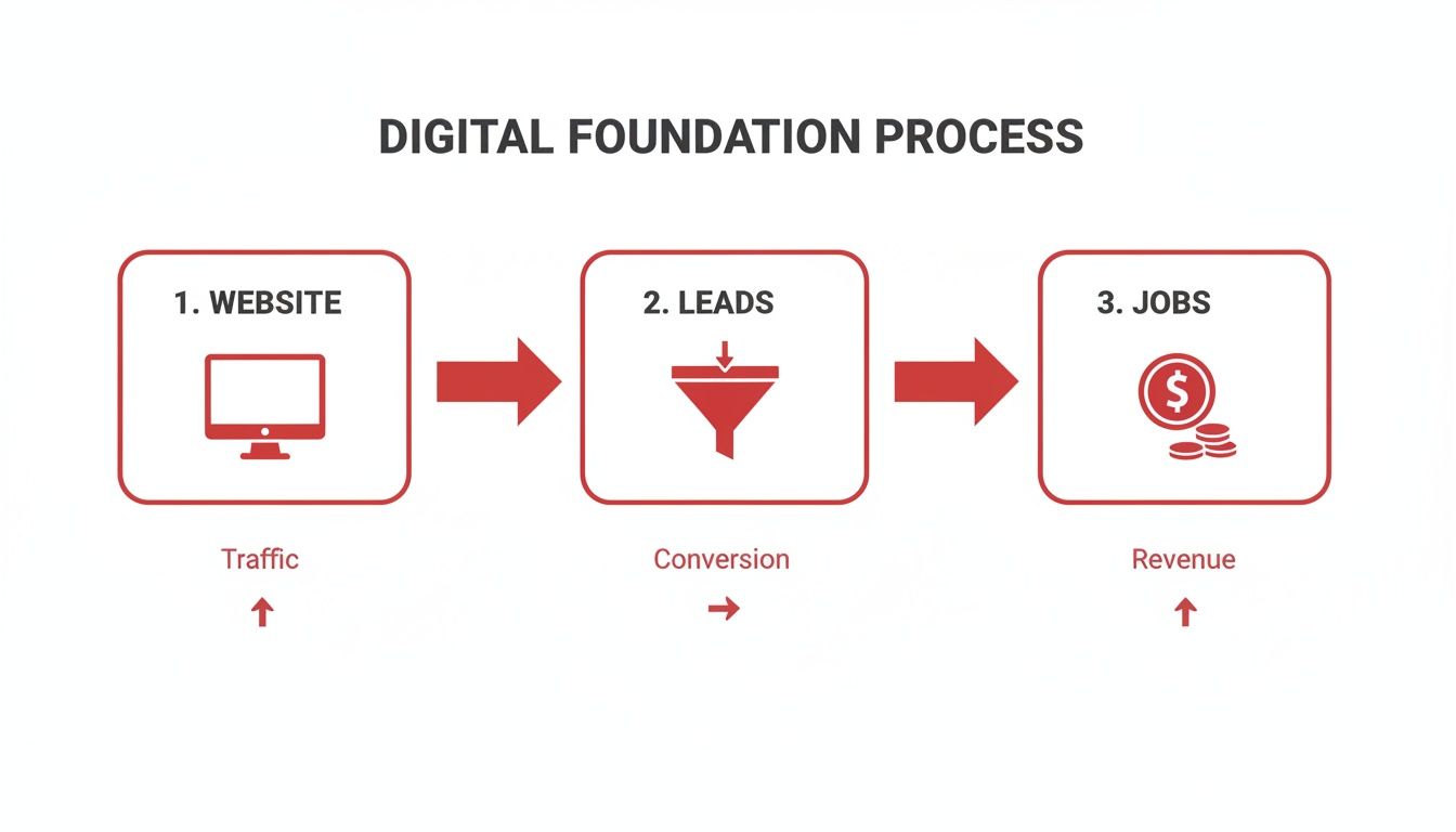 Flowchart outlining the digital foundation process from website traffic, to leads, and generating revenue.