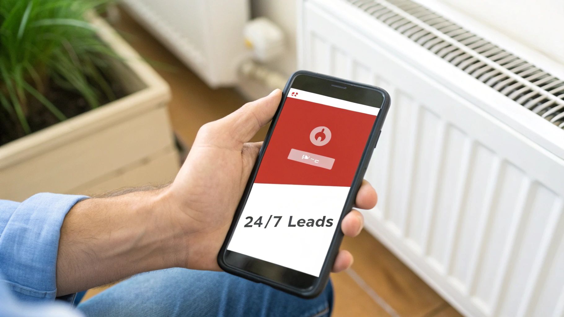 Close-up of a hand holding a smartphone displaying '24/7 Leads' on its screen.