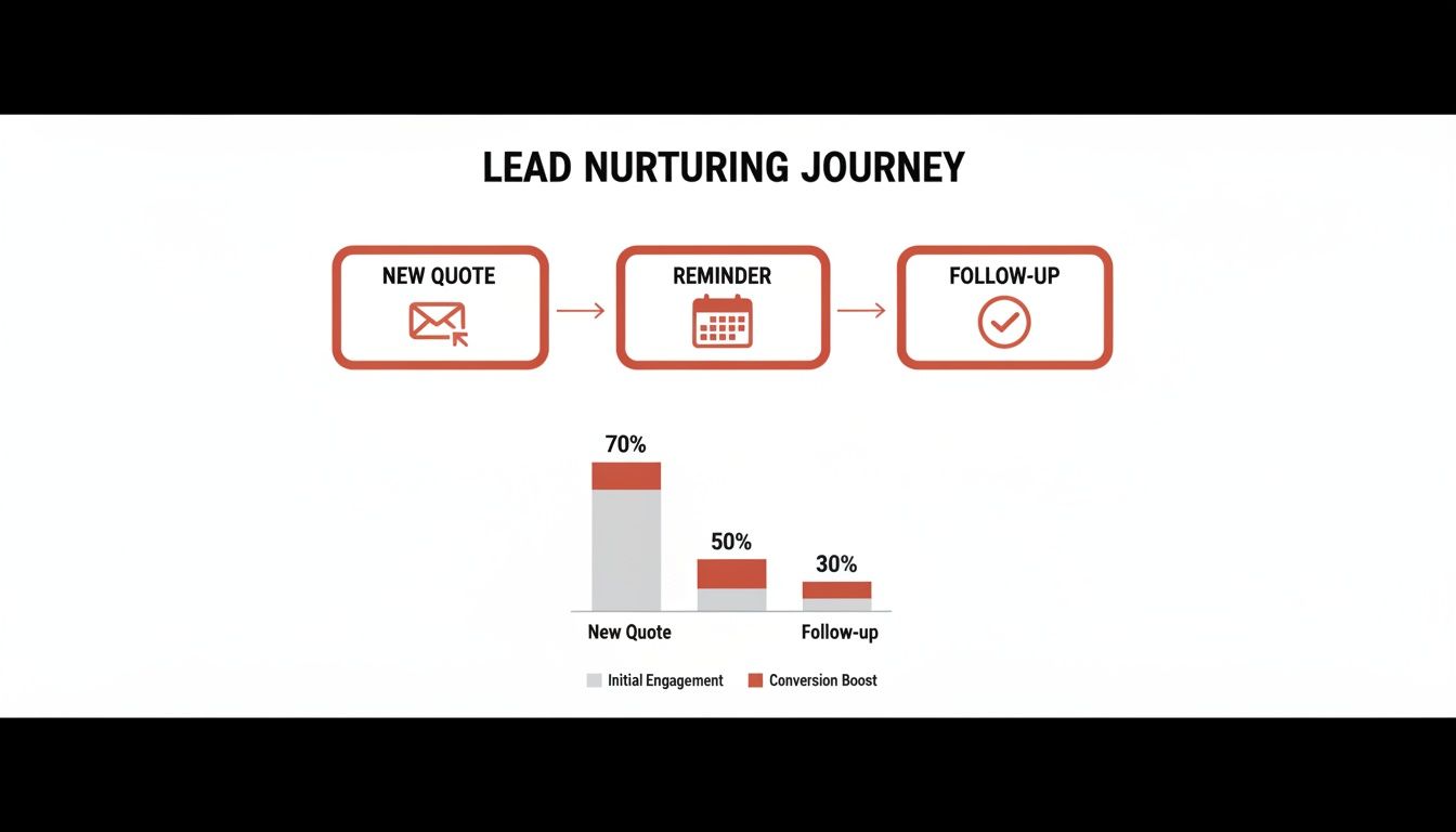 Flowchart illustrating lead nurturing journey steps (new quote, reminder, follow-up) and conversion rates.