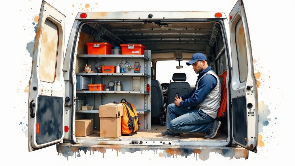 A service technician working inside a neatly organized utility van, shelves filled with tools and equipment.