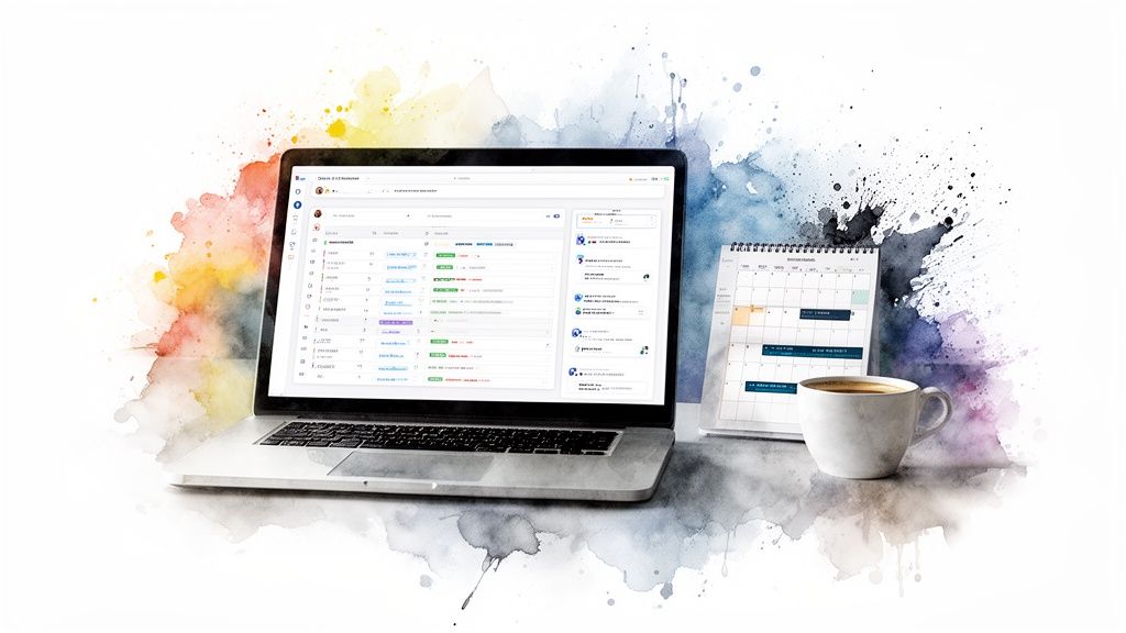 A laptop displaying a project management dashboard next to a calendar and a coffee cup, on a desk with colorful watercolor splashes.