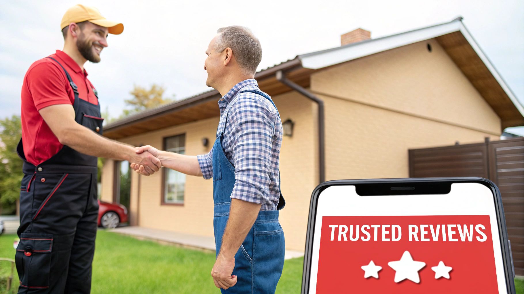 Service professional and homeowner shaking hands with trusted reviews displayed on smartphone screen