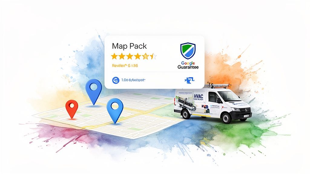 Google Maps Pack review with stars and Google Guarantee, a map with pins, and an HVAC service van.