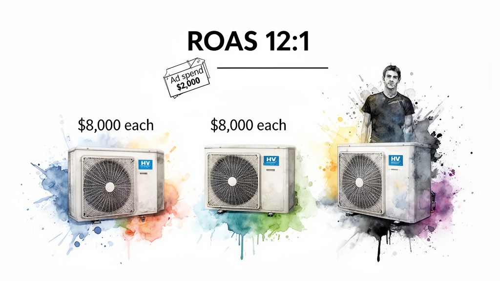 An illustration of ROAS 12:1, showing $2,000 ad spend generating $24,000 from three HVAC units.