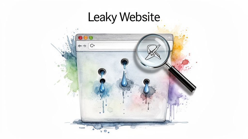 Watercolor illustration of a web browser leaking blue water, with a magnifying glass showing a crossed-out wrench.