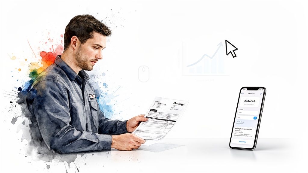 A professional man in a watercolor style examines a document, with a smartphone showing a "Booked Job" app and a growth chart.