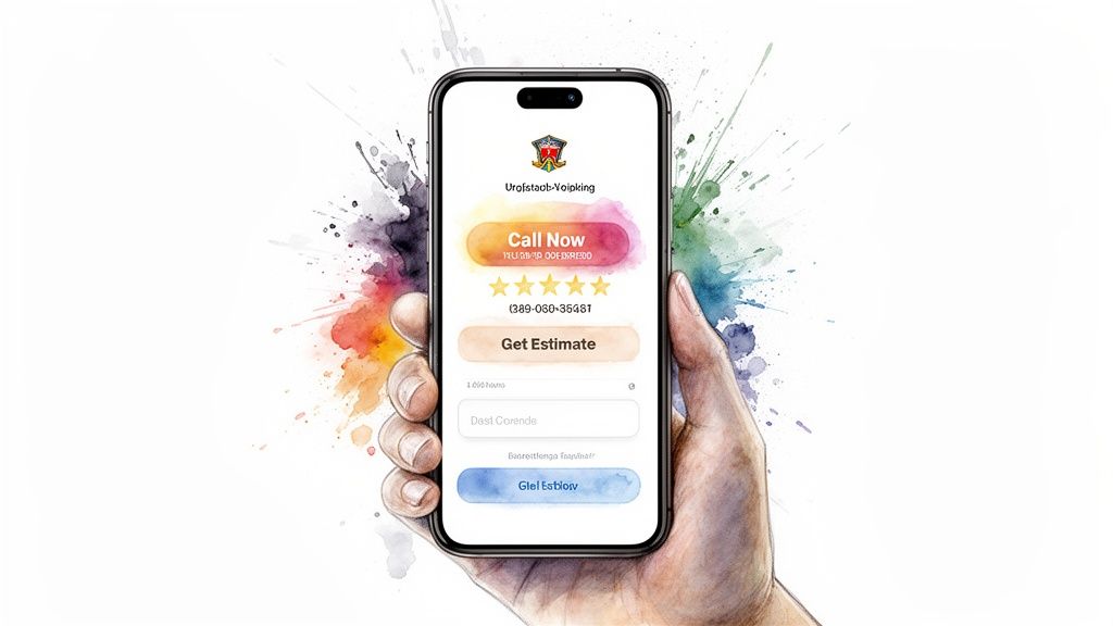 A hand holds a smartphone displaying a service app with 'Call Now', five-star rating, and 'Get Estimate' buttons, set against a watercolor splash background.
