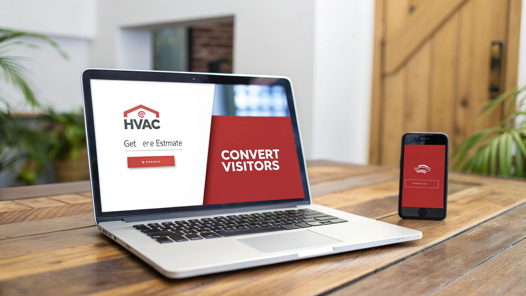 A laptop and smartphone on a desk showcasing HVAC branding and lead generation tools.