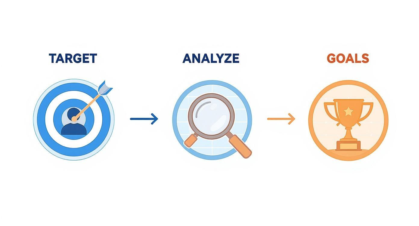 A visual representation of a business strategy process, moving from targeting to analysis and achieving goals.