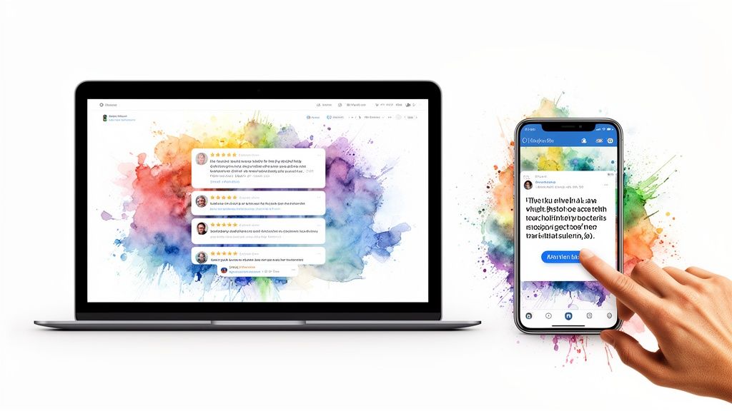 A laptop and smartphone display customer reviews and social media content over a colorful watercolor background, with a hand tapping the phone screen.