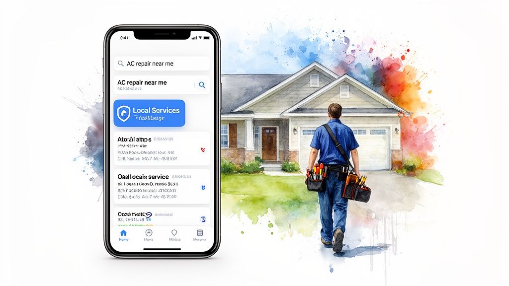 A smartphone displays a local services app for AC repair next to a technician walking towards a house.