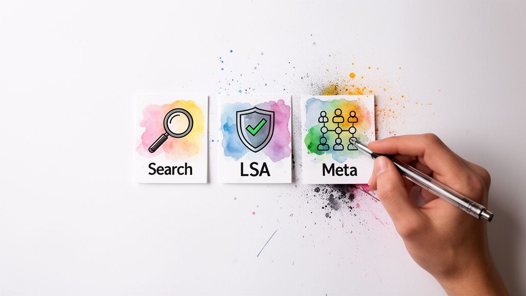 A hand interacts with three watercolor-painted cards displaying icons and texts: Search, LSA, and Meta.