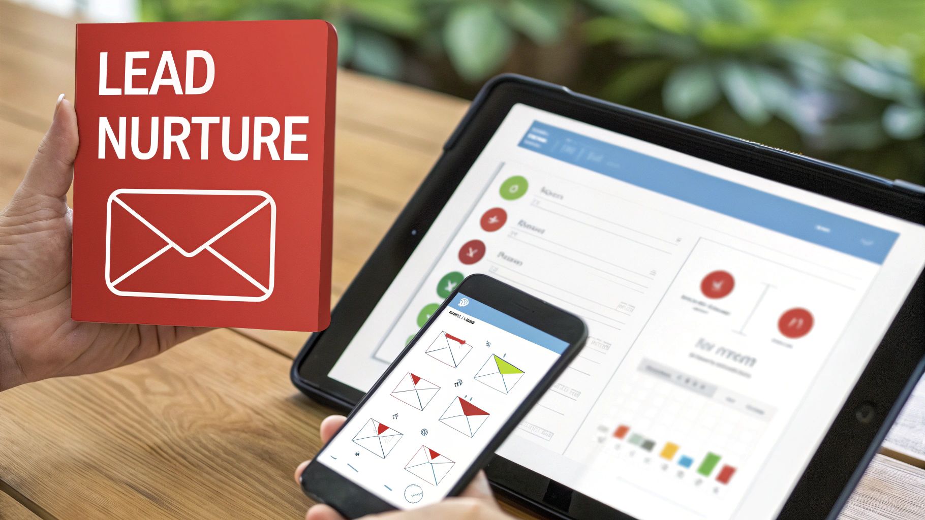 Hands holding a 'Lead Nurture' box, with a tablet and smartphone displaying email management dashboards.