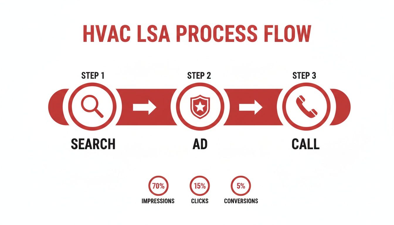 HVAC LSA process flow illustrates search, ad, and call steps with performance metrics.