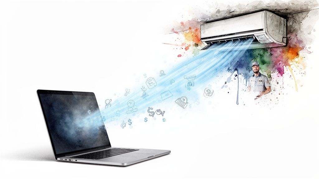 Laptop digitally connecting to an HVAC air conditioner with a technician nearby.