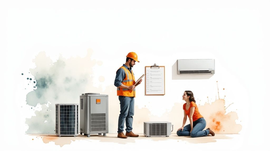 An HVAC technician explains options to a woman, surrounded by various air conditioning units and a checklist.