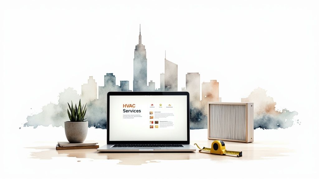 Desk setup featuring a laptop displaying HVAC services, tools, and a watercolor city skyline.