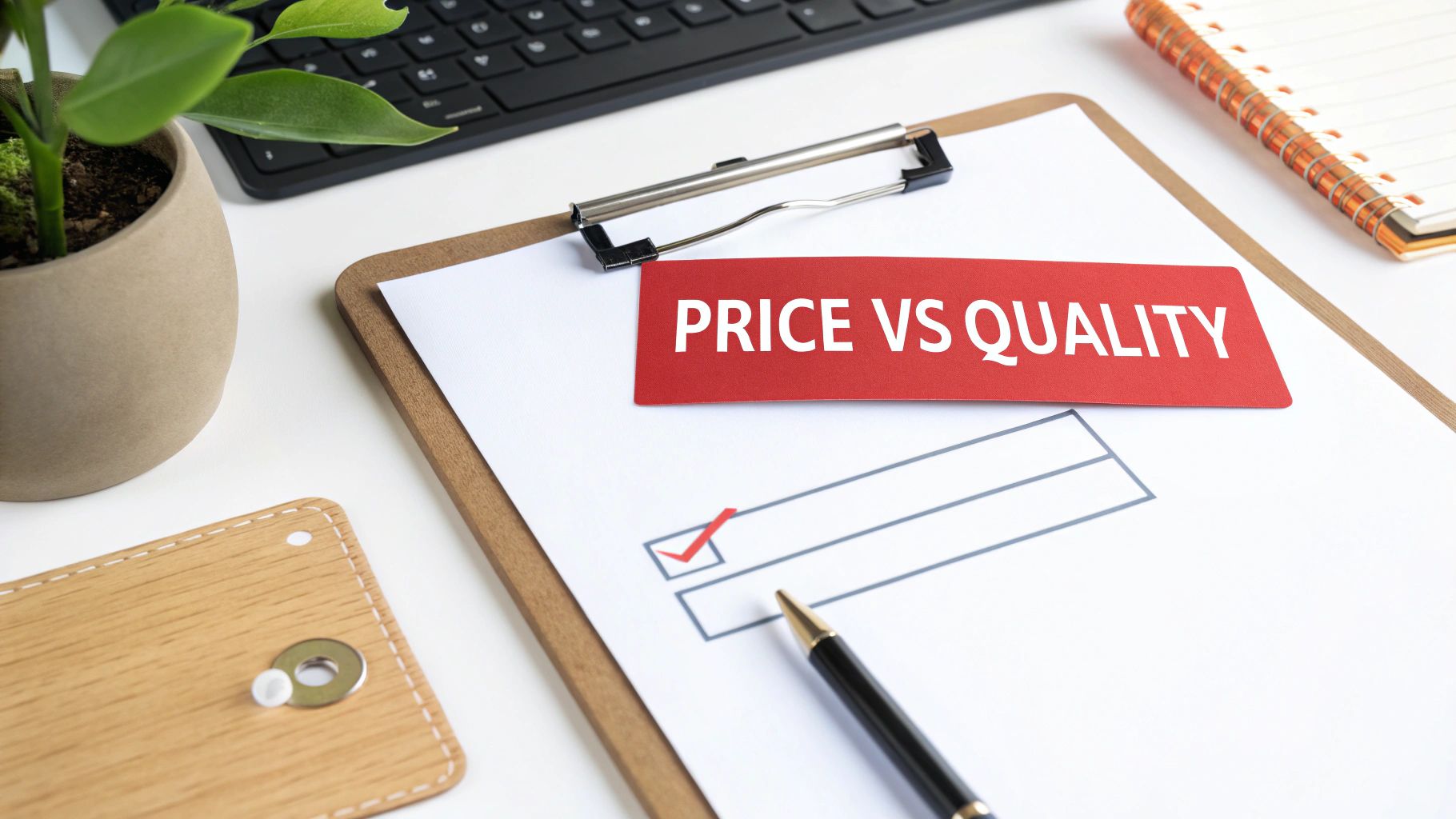 A red 'PRICE VS QUALITY' card on a clipboard with a checked box and a pen, on a white desk.