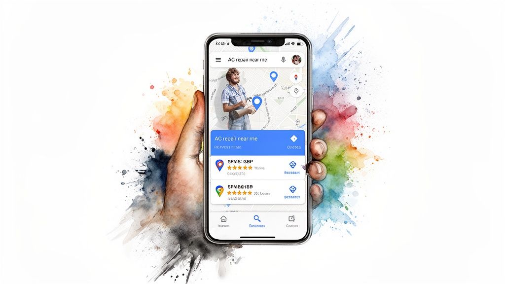 Hand holding smartphone displaying an AC repair near me search on a map application with business listings.