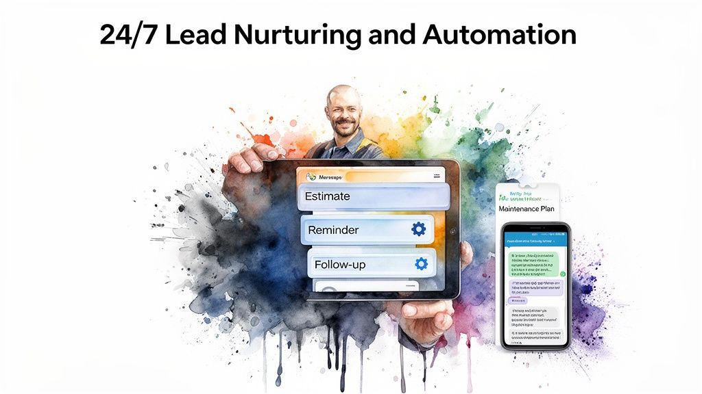 24/7 lead nurturing and automation tools shown on a tablet and smartphone held by a smiling man.