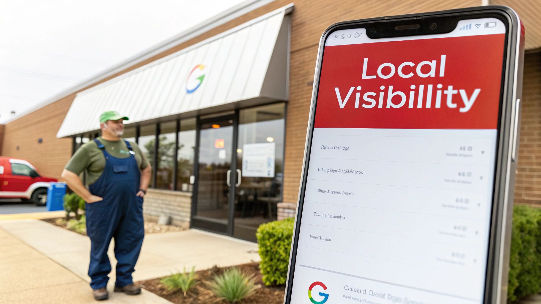 Man in work overalls stands outside a Google-branded building, next to a smartphone displaying 'Local Visibility'.