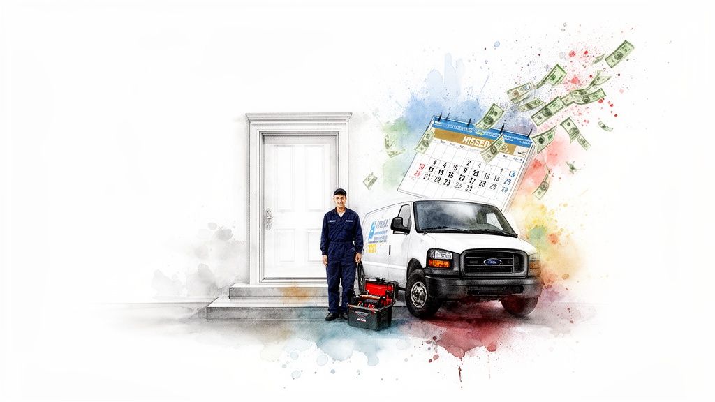Service technician with van and toolbox, calendar showing 'MISSED' appointments, money flying away.