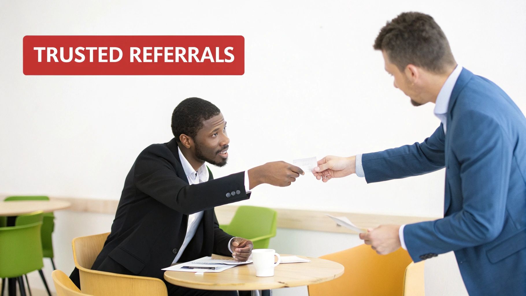 Two businessmen exchanging a business card at a table, highlighting 'TRUSTED REFERRALS'.