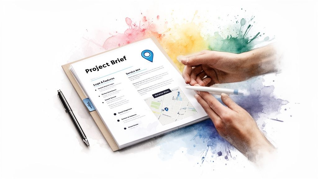 Hands reviewing a 'Project Brief' document with a stylus on a folder, surrounded by colorful splashes.
