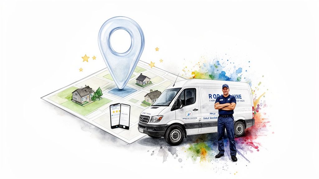 Illustration of a reliable HVAC service with a technician, van, map, location pin, and mobile reviews.