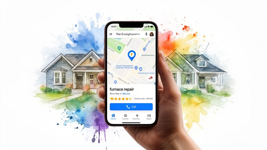 Hand holding smartphone displaying a map app with 'furnace repair' search results, watercolor houses in background.