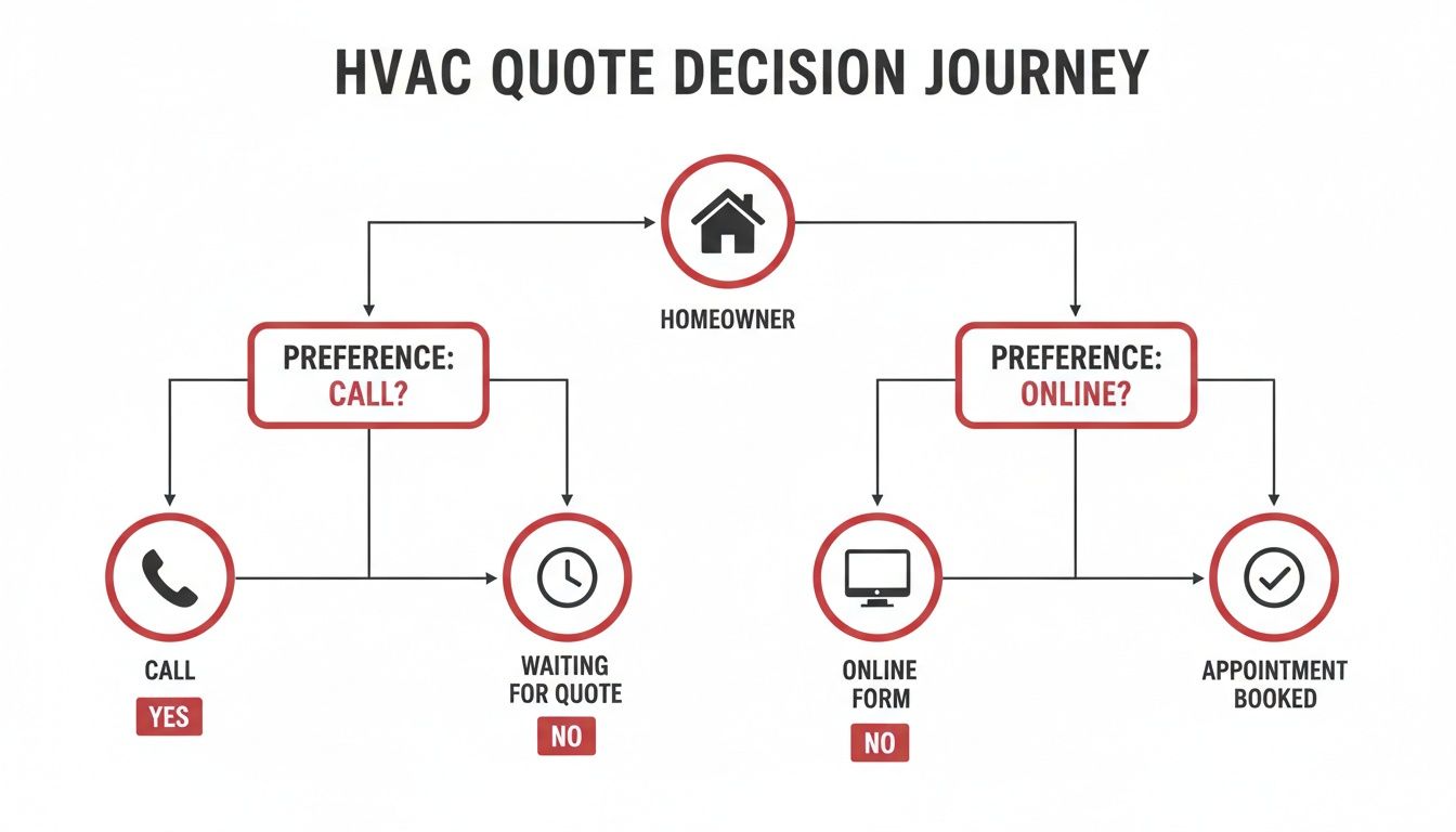 Flowchart illustrating a homeowner's decision journey for an HVAC quote, showing call and online preferences.