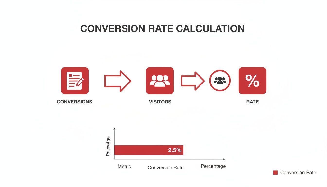 A diagram explaining conversion rate calculation using icons, with a bar chart showing a 2.5% conversion rate.