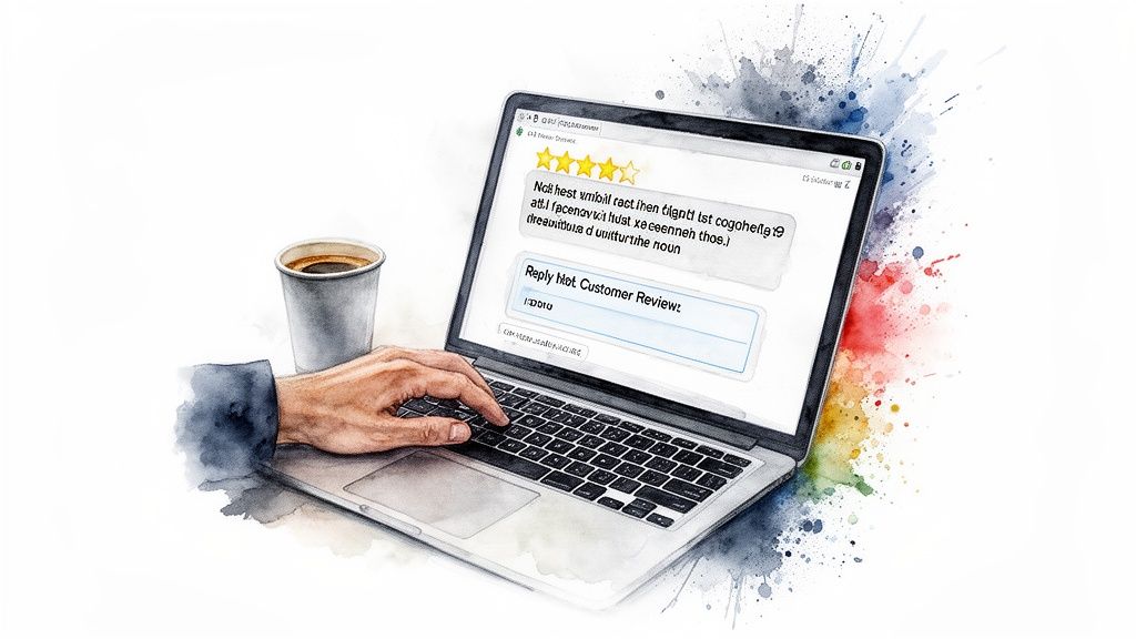 A hand types on a laptop, replying to a five-star customer review with a coffee cup.