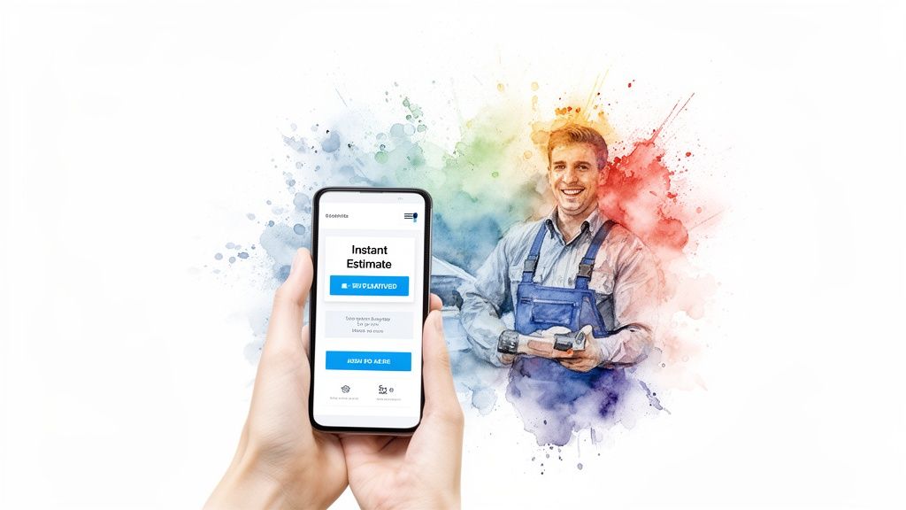Hand holding a smartphone displaying an 'Instant Estimate' app, next to a smiling HVAC technician with tools, all against a colorful watercolor background.