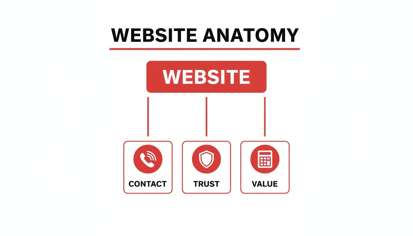A diagram titled 'Website Anatomy' showing a main 'Website' box connected to 'Contact', 'Trust', and 'Value' components.