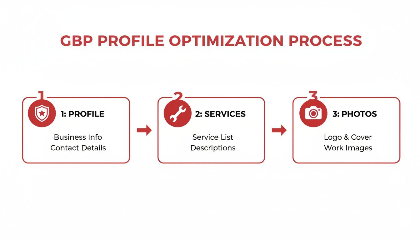 A three-step process for Google Business Profile optimization, covering profile, services, and photos.