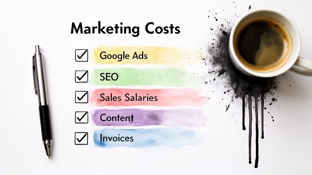 A checklist titled 'Marketing Costs' with items like Google Ads, SEO, and Sales Salaries, next to a pen and coffee cup.