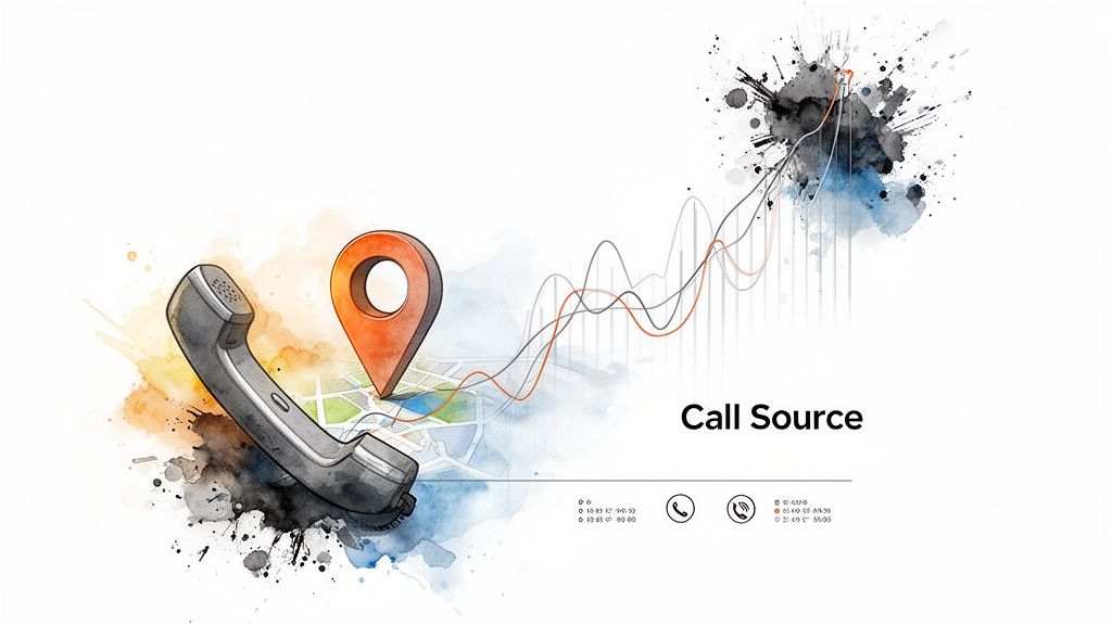 Illustration of a phone handset, location pin, and data graphs, representing call source tracking and analytics.