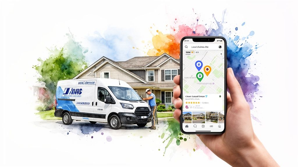 HVAC technician services a house with a service van, while a hand holds a map app.