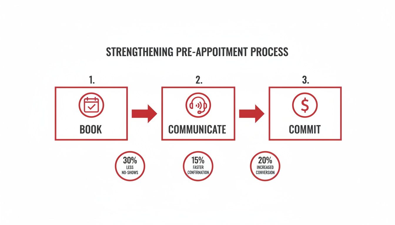A three-step pre-appointment process diagram: Book, Communicate, Commit, showing benefits like reduced no-shows and increased conversion.