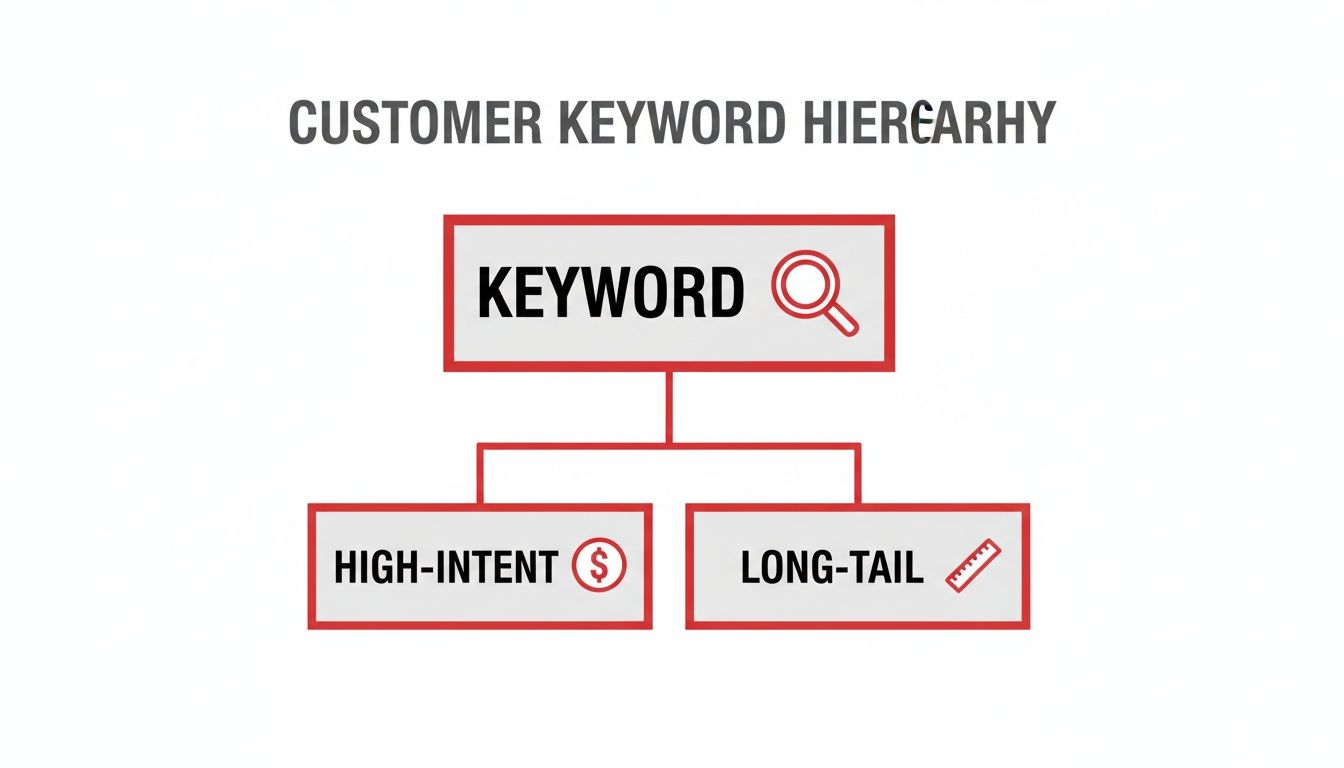 A customer keyword hierarchy diagram with 'Keyword' at the top, branching to 'High-Intent' and 'Long-Tail' keywords.