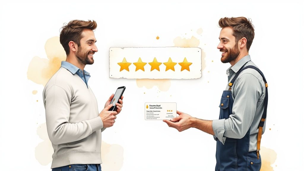 Two smiling men interacting with a smartphone and a five-star rating board, representing customer reviews.