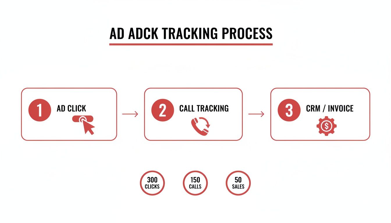 Infographic illustrating an ad tracking process from clicks to calls to sales and CRM, with key metrics.