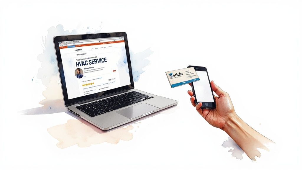 A laptop screen displays an HVAC service search result, while a hand uses a smartphone to exchange a digital business card.